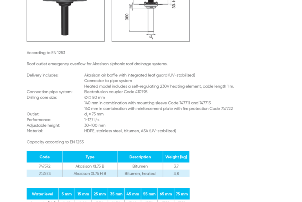 Akasison roof outlet XL75 Bitumen adjustable emergency - code 747572 / 747573