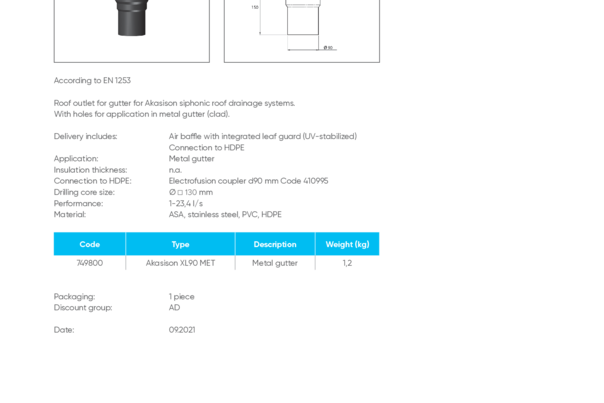 Akasison roof outlet XL90 for metal gutter - code 749800